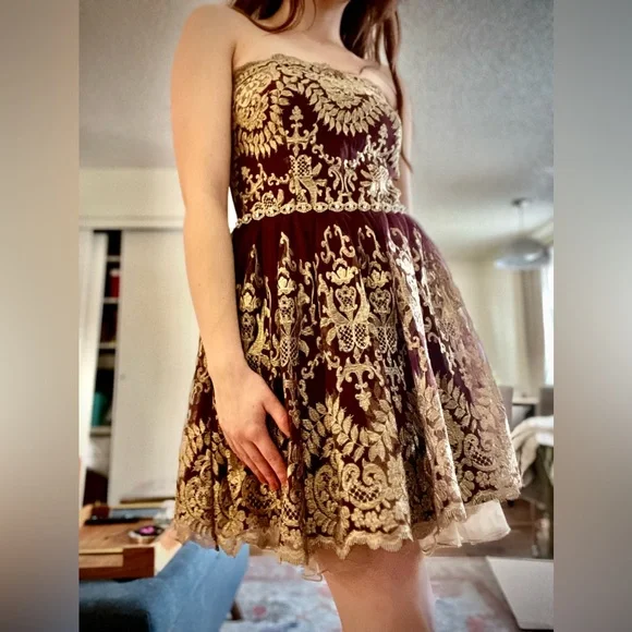maroon gold prom dress Gold Lace Appliqued Burgundy Chiffon Illusion Prom Dresses APD3117 main image 0